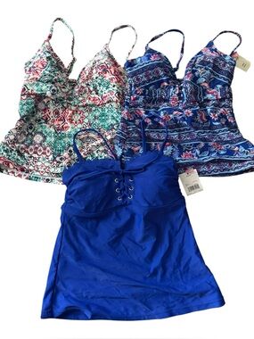 George NWT Swim Tankini Top Lot 3 XS Floral Print Blue Lace-Up